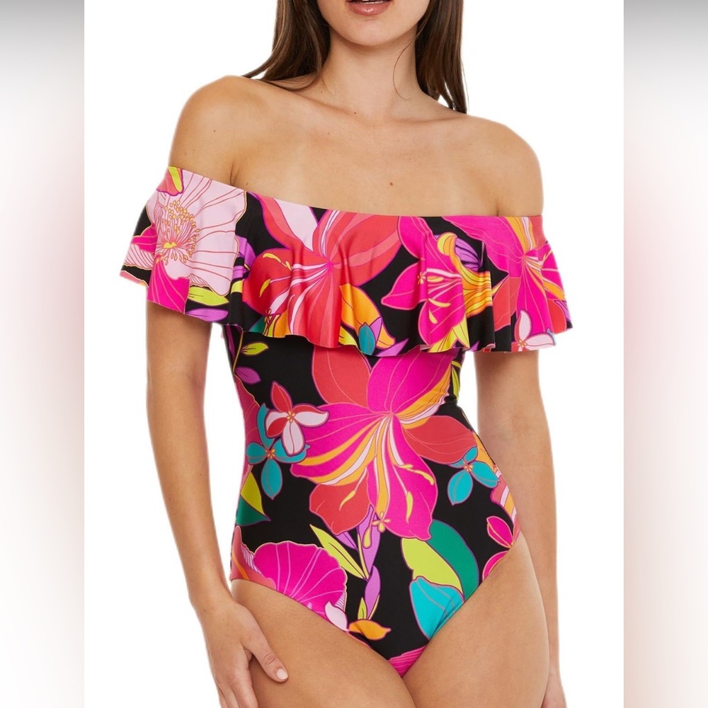 NWT- Trina Turk-Solar Floral Off-Shoulder Womens One Piece Swimsuit- SZ-14